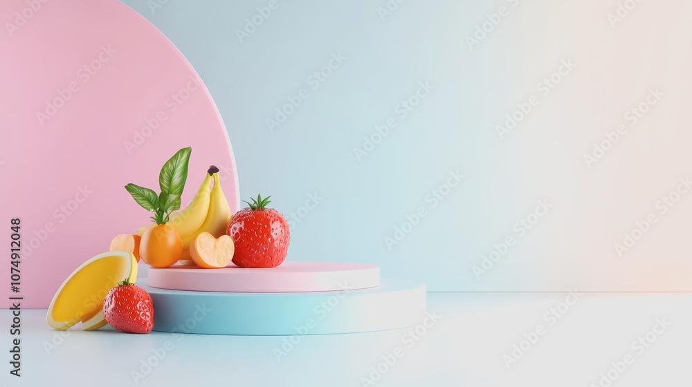 Colorful Gourmet Fruit Display on Smooth Gradient Background Featuring Bananas, Strawberries, Oranges, and Fresh Mint for Modern Cuisine Presentation Colorful Gourmet Fruit Display on Smooth Gradient Background Featuring Bananas, Strawberries, Oranges, and Fresh Mint for Modern Cuisine Presentation