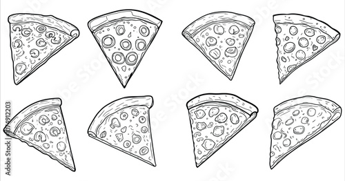 Pizza slice coloring page for children vector. Pizza slice coloring page for kids. Creative pizza slice coloring page for kids, Set of pizza slice coloring page for children