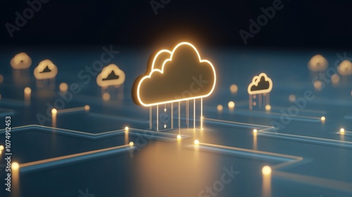 Futuristic cloud computing graphic with golden accents, representing digital technology and data connectivity in the virtual world.