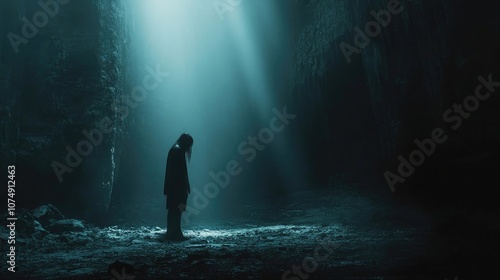 A lone figure stands in a dark cave, bathed in a beam of light.