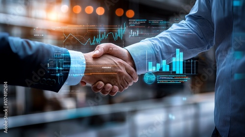 Two business professionals shake hands, symbolizing partnership, amidst a backdrop of financial graphs and digital data.