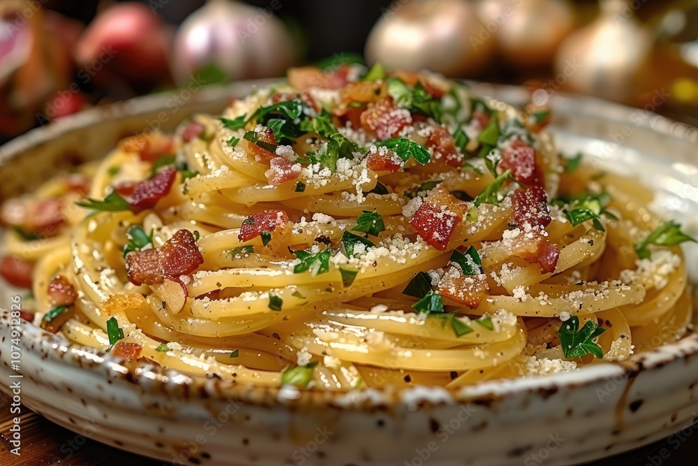 Close-up of Spaghetti Carbonara with Parsley and Parmesan Cheese Close-up of Spaghetti Carbonara with Parsley and Parmesan Cheese