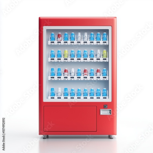 Red vending machine filled with colorful bottled drinks on a white isolated background.