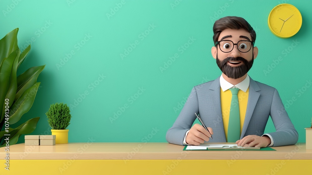 A cheerful, animated man in a suit sits at a desk with a bright background, surrounded by plants and a clock, exuding a professional atmosphere. A cheerful, animated man in a suit sits at a desk with a bright background, surrounded by plants and a clock, exuding a professional atmosphere.