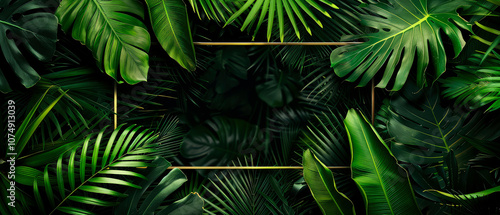 Close up of tropical palm leaves with golden shimmering lightening, bokeh at jungle forest. Sunlight. Green foliage botanical natural background. Rainforest. Exotic wallpaper. Generative ai