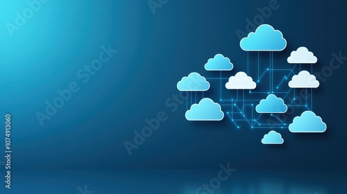 Stylized blue cloud computing graphic with connections, illustrating modern digital technology and data transmission.