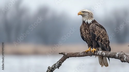 Bald eagle perched majestically on a branch by the water.
