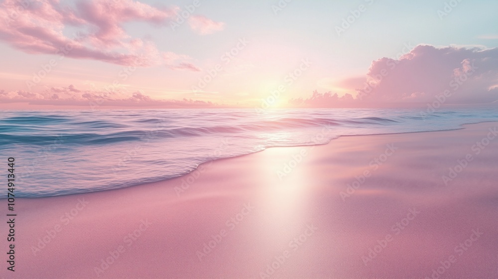 Beach scene, smooth sand, peaceful coastal view with pastel sky and dawn light Beach scene, smooth sand, peaceful coastal view with pastel sky and dawn light