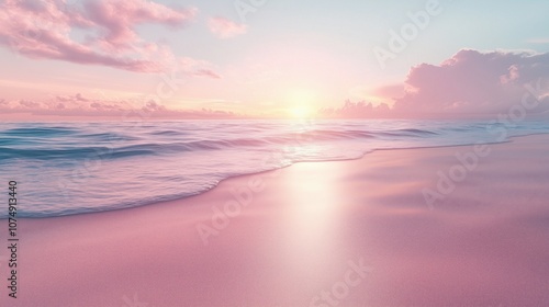 Beach scene, smooth sand, peaceful coastal view with pastel sky and dawn light