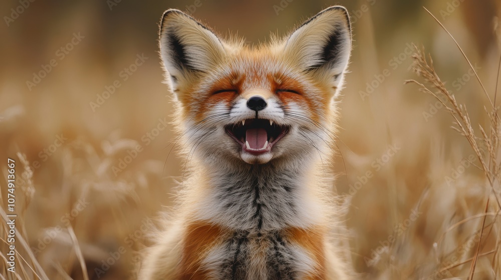 Naklejka premium A cheerful fox with closed eyes sits amidst golden grass, appearing to smile contentedly, capturing a moment of joy in the natural environment