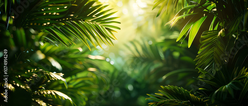 Rainforest. Close up of tropical palm leaves with warm sunlight at jungle forest. Green foliage botanical natural background. Exotic wallpaper. Generative ai