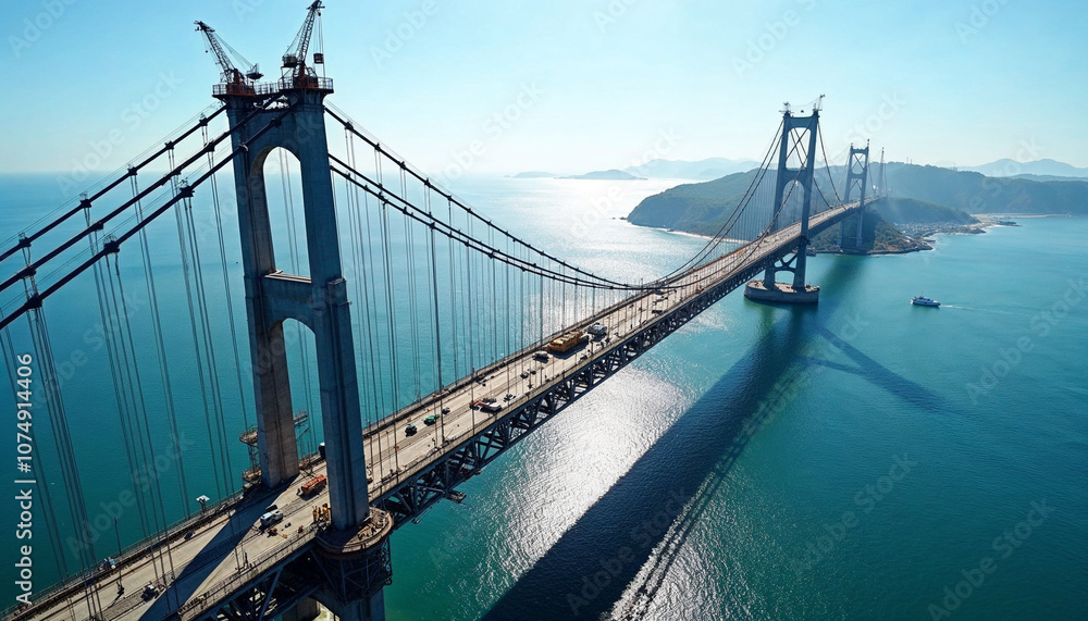 Fototapeta premium Aerial view of a suspension bridge under construction, highlighting its scale, engineering, and workers amidst the sea.