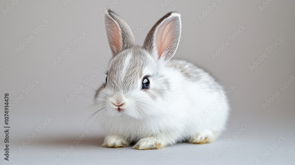 A charming and fluffy white and gray baby rabbit with upright ears and bright eyes sits against a neutral background, looking directly at the viewer A charming and fluffy white and gray baby rabbit with upright ears and bright eyes sits against a neutral background, looking directly at the viewer