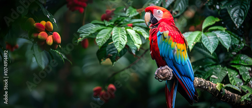 Colorful macaw parrot at tropical palm leaves in jungle forest. Green foliage botanical natural background. Rainforest. Exotic wallpaper. Generative ai