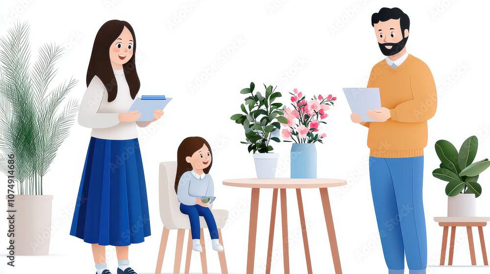 family reviewing their finances at dining table, surrounded by plants, with cheerful atmosphere family reviewing their finances at dining table, surrounded by plants, with cheerful atmosphere