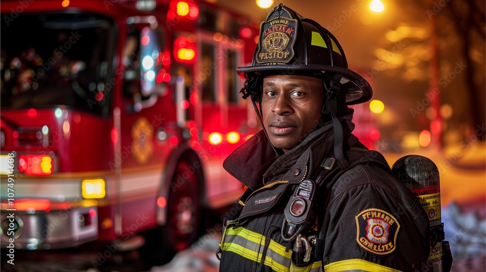 Firefighter in full protective gear, standing with a calm, focused expression in front of a red fire truck, with soft natural lighting highlighting the details of their uniform Firefighter in full protective gear, standing with a calm, focused expression in front of a red fire truck, with soft natural lighting highlighting the details of their uniform