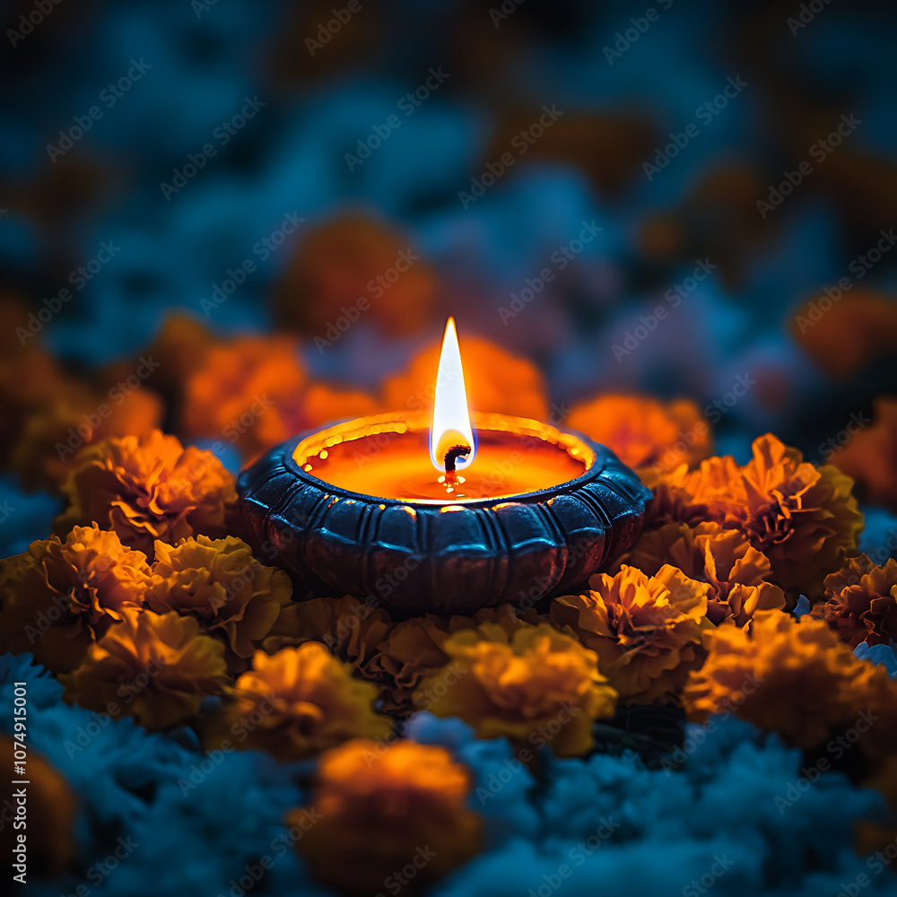 glowing diya surrounded by vibrant marigold flowers creates serene atmosphere, symbolizing light and celebration in darkness glowing diya surrounded by vibrant marigold flowers creates serene atmosphere, symbolizing light and celebration in darkness