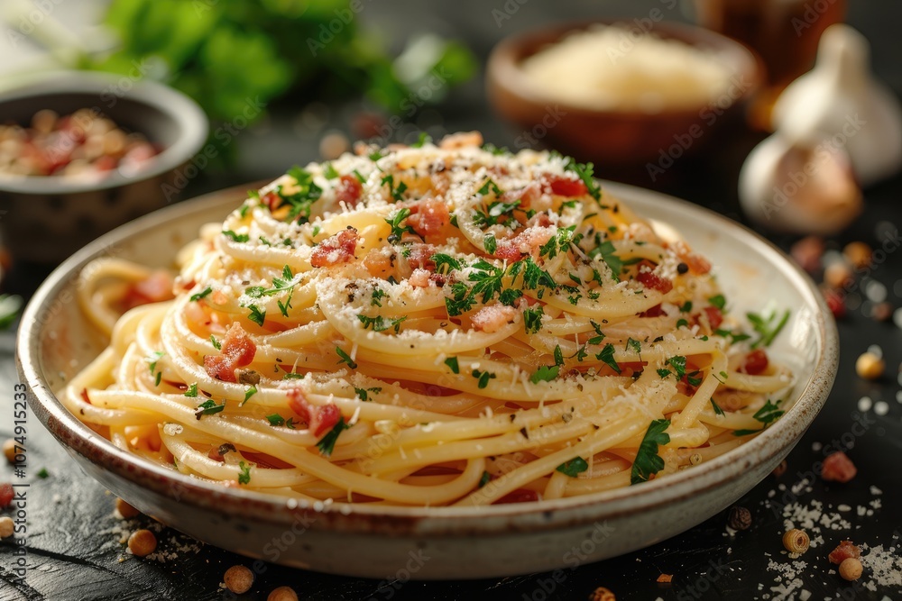 Close-up of Spaghetti Carbonara with Bacon, Parmesan Cheese, and Parsley Close-up of Spaghetti Carbonara with Bacon, Parmesan Cheese, and Parsley