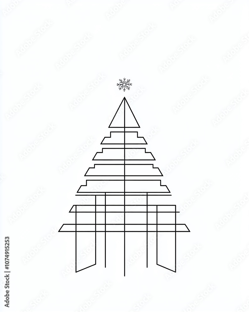 Fototapeta premium Minimalist Line Art Christmas Tree with Geometric Shapes and Snowflake Topper for Modern Holiday Decor and Print Design