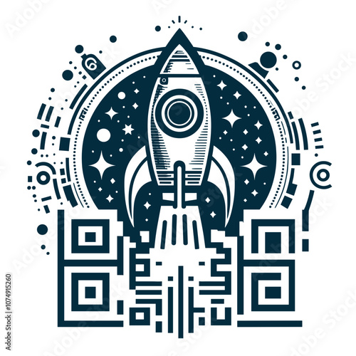 A stylized image of a QR code with a rocket launching in space with abstract elements