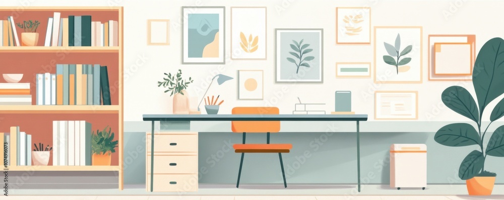 Minimalist workspace with sleek desk, ergonomic chair, and stylish shelving, neatly arranged books and decorative plants. Minimalist workspace with sleek desk, ergonomic chair, and stylish shelving, neatly arranged books and decorative plants.