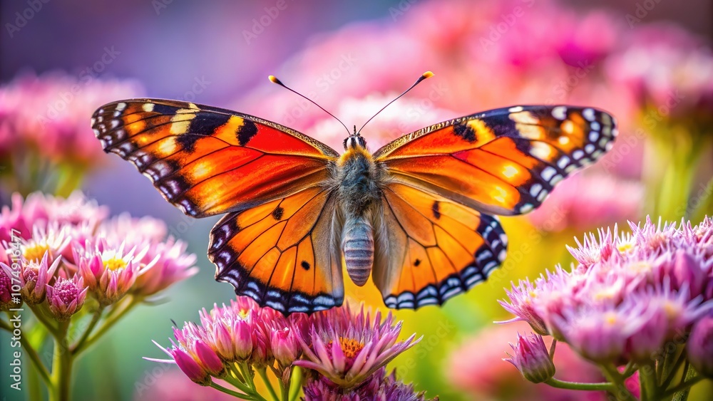 A butterfly in sharp focus, wings aglow, surrounded by blurred vibrant blooms. A butterfly in sharp focus, wings aglow, surrounded by blurred vibrant blooms.