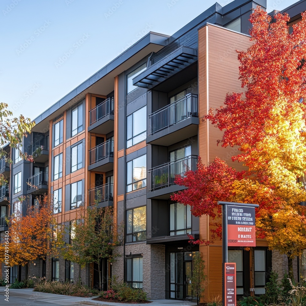 Naklejka premium Modern Apartment Building with 'For Rent' Sign in Autumn Setting
