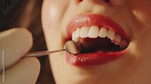  Close-up of dental examination showing healthy teeth with mirror tool, highlighting importance of oral care, hygiene, and dental health practices.