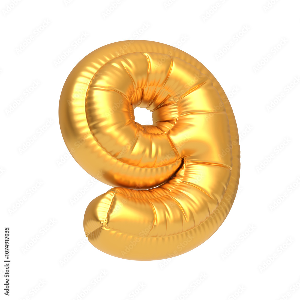 Obraz premium Shiny gold balloon in the shape of the number nine, isolated on a white background, perfect for celebrations. 3D render illustration