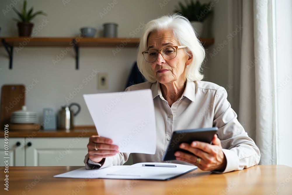 Senior woman analyzing financial documents with tablet in cozy kitchen setting Senior woman analyzing financial documents with tablet in cozy kitchen setting