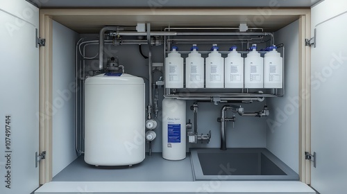  Compact water filtration system under a sink with multiple containers and pipes, designed for purifying drinking water in residential or commercial settings.