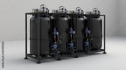  Industrial filtration system with multiple large cylindrical tanks connected by pipes, used for water treatment or chemical processing in manufacturing or commercial settings.