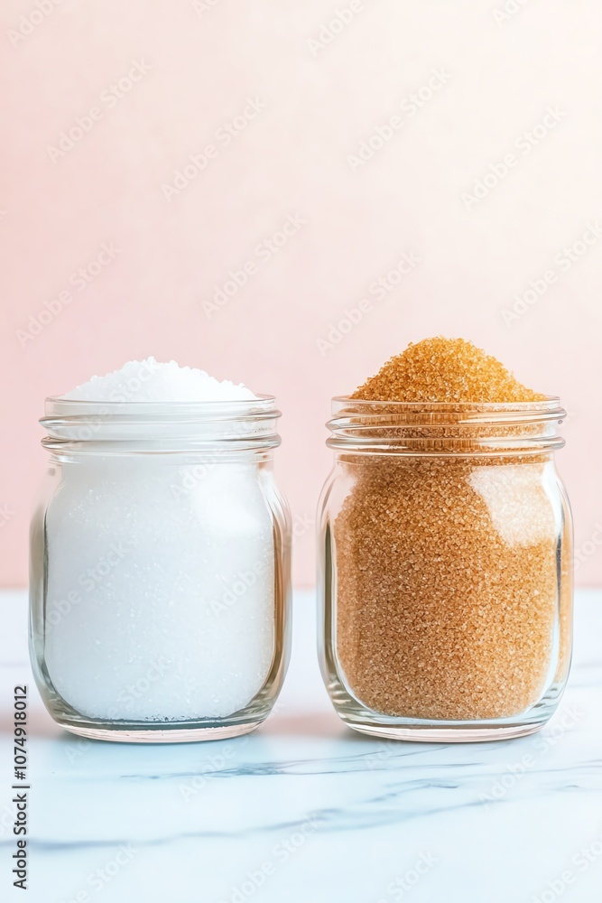Two jars of sugar, one containing white sugar and the other brown sugar, displayed beautifully. Two jars of sugar, one containing white sugar and the other brown sugar, displayed beautifully.