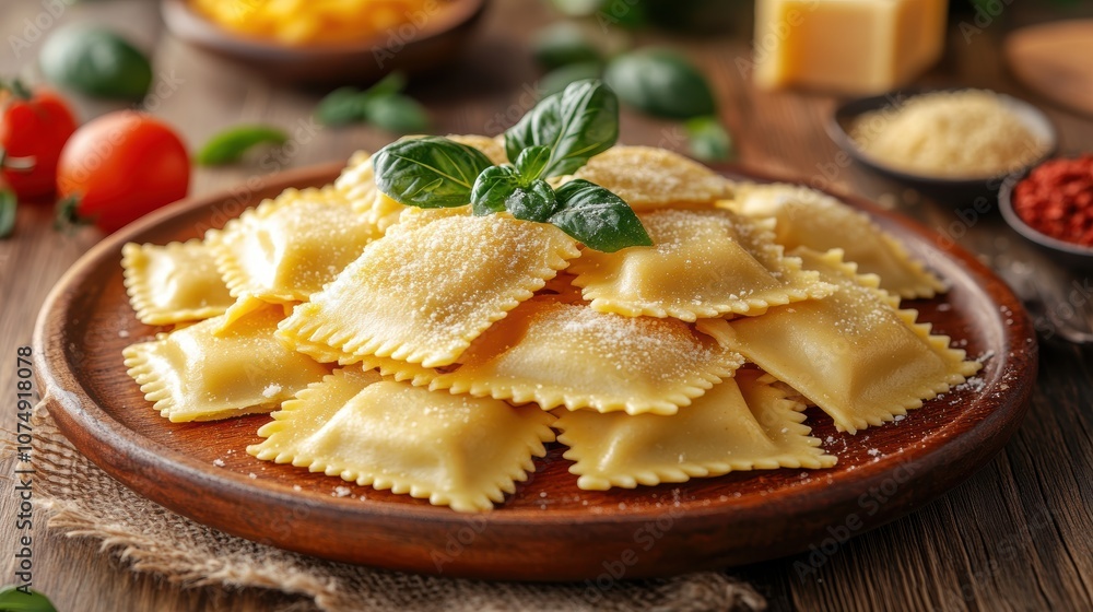 A delicious plate of freshly cooked ravioli garnished with basil leaves on a rustic wooden table, surrounded by ingredients like tomatoes, cheese, and spices A delicious plate of freshly cooked ravioli garnished with basil leaves on a rustic wooden table, surrounded by ingredients like tomatoes, cheese, and spices
