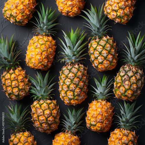 Pineapples. Black background on which pineapples of various sizes are located in a chaotic order