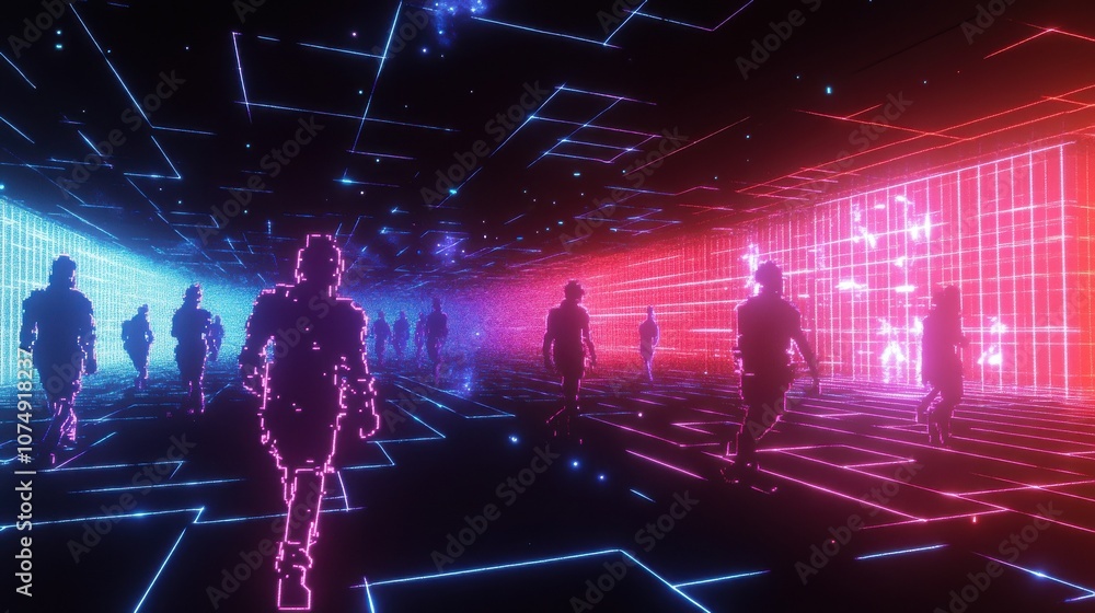 Neon pixel art characters moving across a black digital grid. Neon pixel art characters moving across a black digital grid.