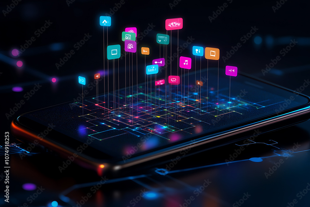 Obraz premium A smartphone with colorful chat icons bursting out, overlaying a complex flowchart below, symbolizing interconnected communication and digital organization.