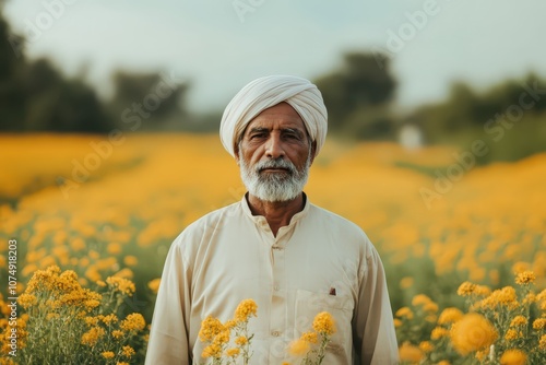 Golden Fields, Timeless Portrait: A Pakistani farmer stands serene amidst a vibrant mustard crop. photo