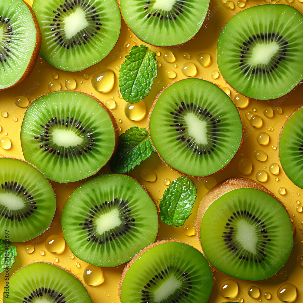 Kiwi sliced on a bright yellow background with water droplets and mint leaves Kiwi sliced on a bright yellow background with water droplets and mint leaves