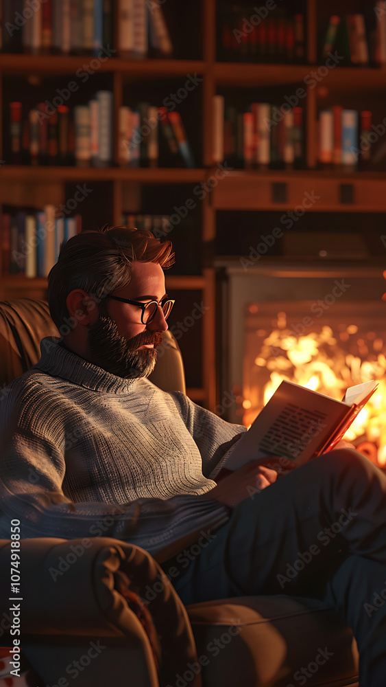Man Reading by Fireplace in Cozy Rustic Library Setting Man Reading by Fireplace in Cozy Rustic Library Setting