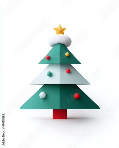 Stylish 3D Paper Christmas Tree with Colorful Ornaments and Star, Perfect for Holiday Decor, Festive Celebrations, and Seasonal Craft Projects in Minimalist Design