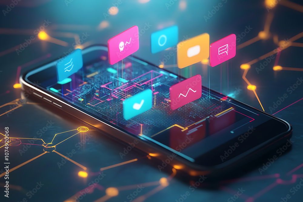 A smartphone with colorful chat icons bursting out, overlaying a complex flowchart below, symbolizing interconnected communication and digital organization. A smartphone with colorful chat icons bursting out, overlaying a complex flowchart below, symbolizing interconnected communication and digital organization.
