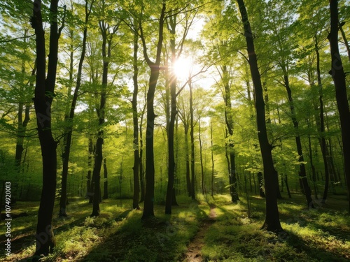 Wallpaper Mural Silent forest in spring with vibrant sun rays filtering through lush green trees and illuminating the forest floor, peaceful, serene Torontodigital.ca