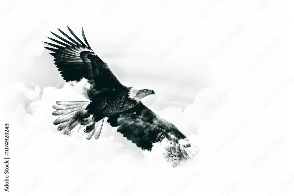 Fototapeta premium Soaring Eagle in Cloudy Sky with Creative Double Exposure