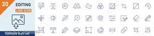 Image Editing line icon set. Set of 30 outline icons related to image gallery, cut, auto correction, 
coloring, adjustments and others. Editable stroke. Vector illustration.