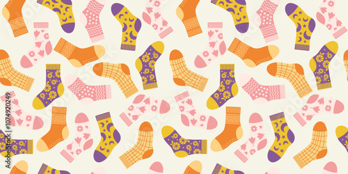 Seamless pattern of colorful socks with various designs.