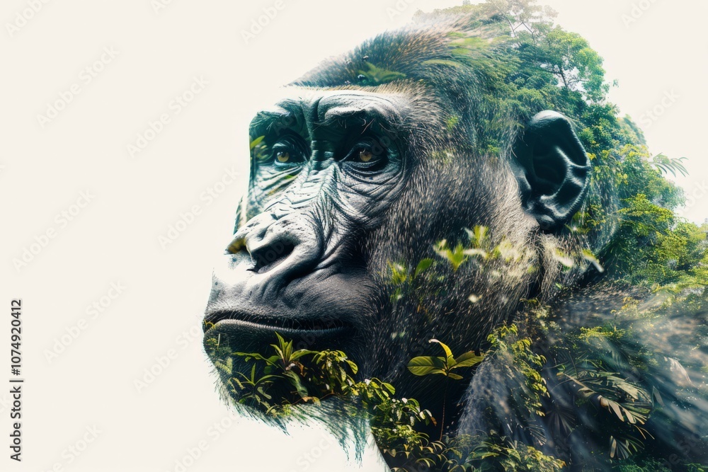 Double Exposure of Gorilla in Rainforest Environment Double Exposure of Gorilla in Rainforest Environment