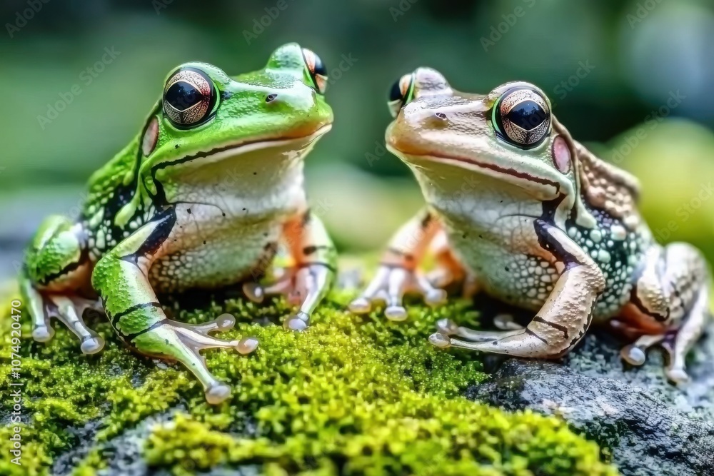 Two colorful frogs sitting on moss-covered rocks in a natural setting. Two colorful frogs sitting on moss-covered rocks in a natural setting.