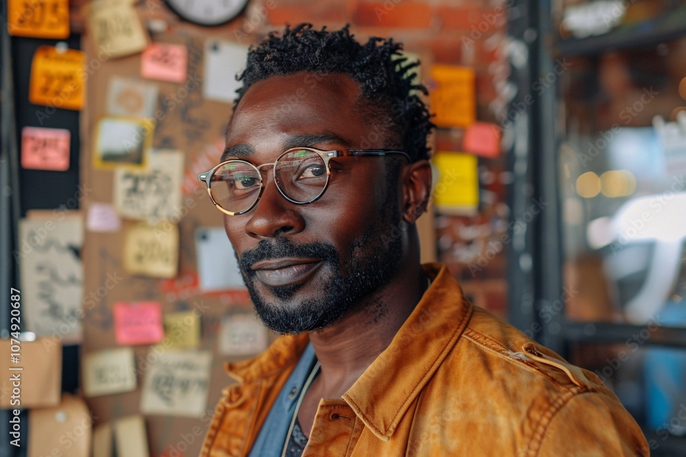 Inside a bustling cafe, a man wearing glasses stands with a confident expression. The background features a wall adorned with colorful notes and reminders, creating a lively atmosphere Inside a bustling cafe, a man wearing glasses stands with a confident expression. The background features a wall adorned with colorful notes and reminders, creating a lively atmosphere