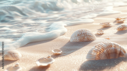 Soft waves with seashells on a pastel sandy beach, with open space for text, creating a peaceful coastal vibe.